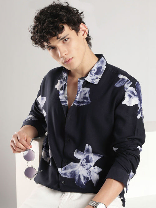 Men's Black Botanical Print Shirt