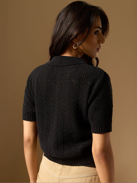 Women Regular Fit Textured Black Shirts