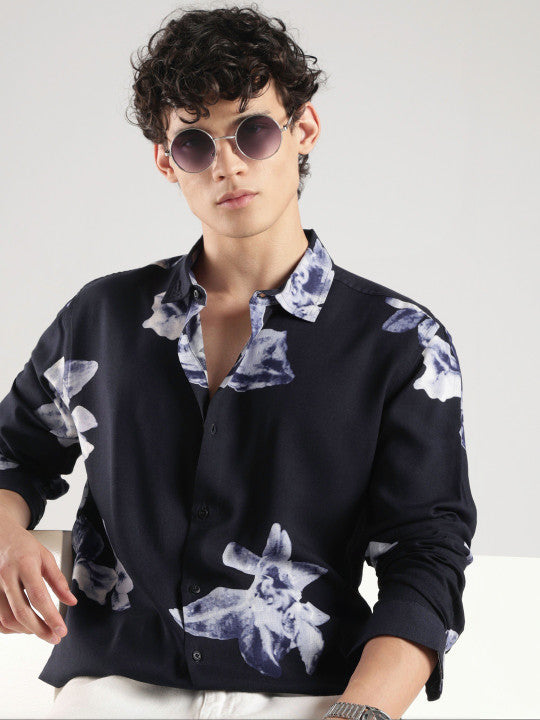 Men's Black Botanical Print Shirt